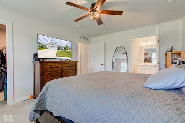 2500 Sand Hollow Dr, Lebanon, IN 46052 - bedroom featuring carpet floors, a walk in closet, ensuite bathroom, and a ceiling fan