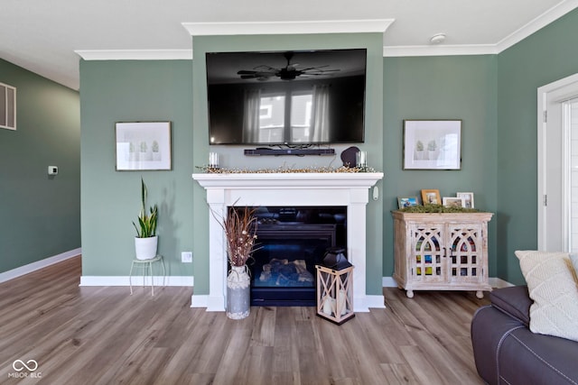 19959 Cowie Ln, Westfield, IN 46074 - living room featuring wood finished floors, ornamental molding, a glass covered fireplace, and ceiling fan