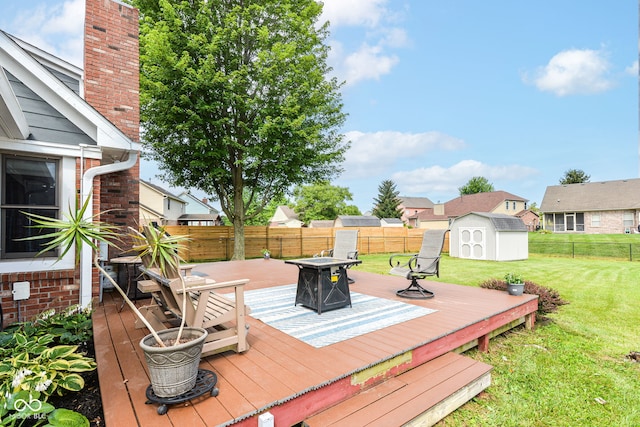 662 Leah Way, Greenwood, IN 46142 - wooden deck with a shed, a fenced backyard, an outdoor fire pit, and a residential view
