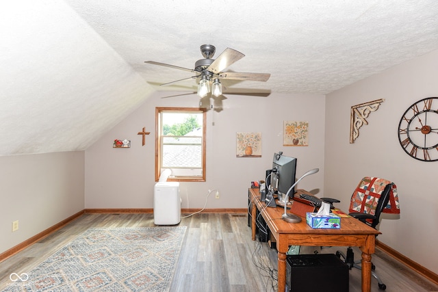 662 Leah Way, Greenwood, IN 46142 - office with ceiling fan, a textured ceiling, light wood finished floors, and lofted ceiling