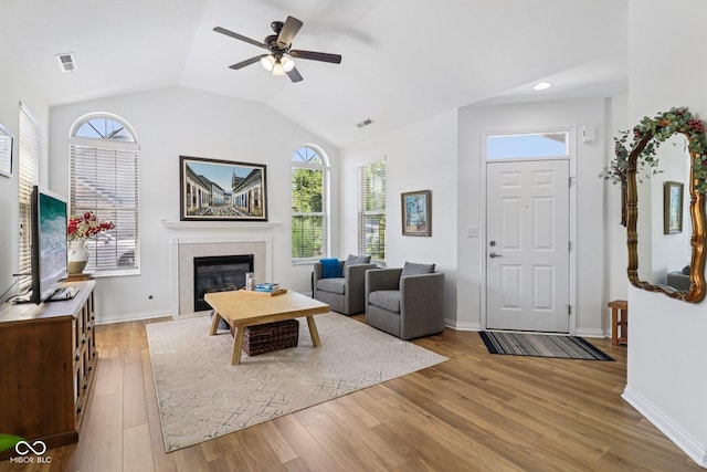 16636 Brownstone Ct, Westfield, IN 46074 - living area with light wood-style flooring, plenty of natural light, ceiling fan, vaulted ceiling, and recessed lighting