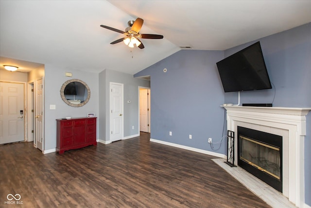 142 Hilltop Farms Blvd, Whiteland, IN 46184 - unfurnished living room featuring ceiling fan, lofted ceiling, a tile fireplace, and wood finished floors