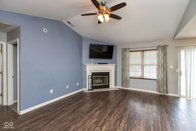 142 Hilltop Farms Blvd, Whiteland, IN 46184 - unfurnished living room with lofted ceiling, ceiling fan, dark wood-type flooring, and a tile fireplace
