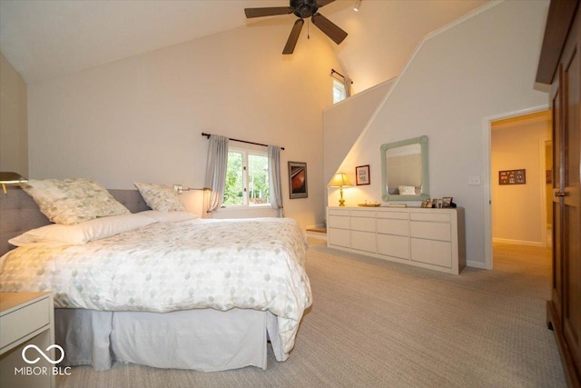 8550 Tidewater Ct, Indianapolis, IN 46236 - bedroom with high vaulted ceiling, light carpet, and ceiling fan
