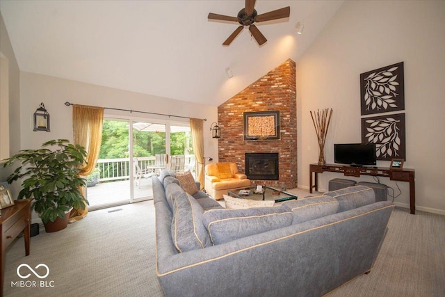 8550 Tidewater Ct, Indianapolis, IN 46236 - carpeted living room featuring high vaulted ceiling, a ceiling fan, and a fireplace