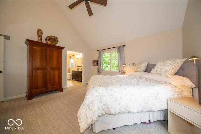 8550 Tidewater Ct, Indianapolis, IN 46236 - bedroom featuring high vaulted ceiling, light carpet, ensuite bathroom, and ceiling fan