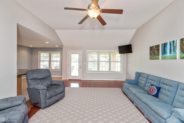 1977 Sophia Ln, Seymour, IN 47274 - living area with vaulted ceiling, wood finished floors, a ceiling fan, and recessed lighting