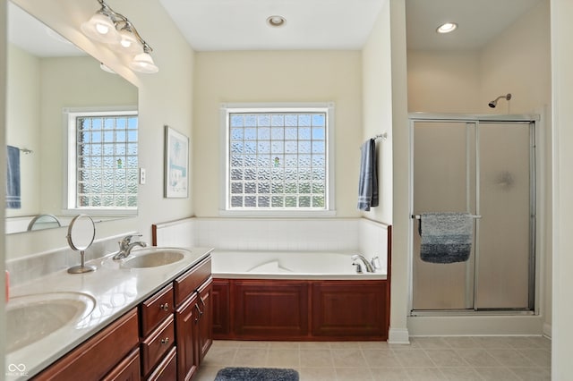 35 Decourcy Ln, Franklin, IN 46131 - full bath featuring a stall shower, a bath, double vanity, and tile patterned floors