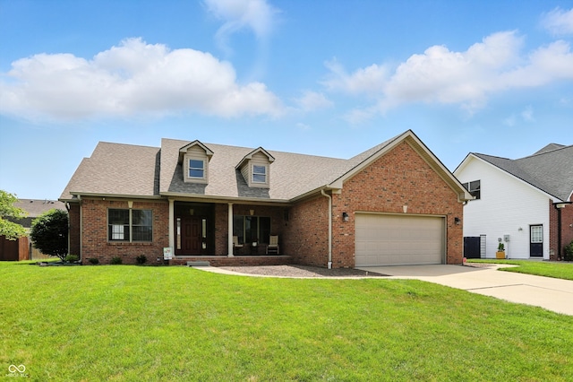 35 Decourcy Ln, Franklin, IN 46131 - cape cod-style house with an attached garage, brick siding, driveway, and a front yard
