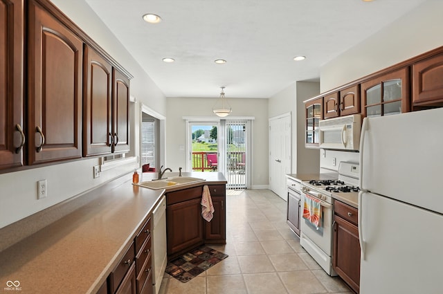 35 Decourcy Ln, Franklin, IN 46131 - kitchen featuring white appliances, light tile patterned floors, recessed lighting, hanging light fixtures, and light countertops