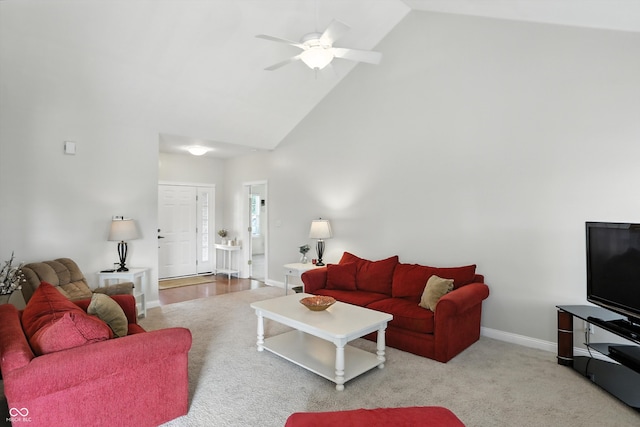 35 Decourcy Ln, Franklin, IN 46131 - carpeted living area featuring a ceiling fan and high vaulted ceiling