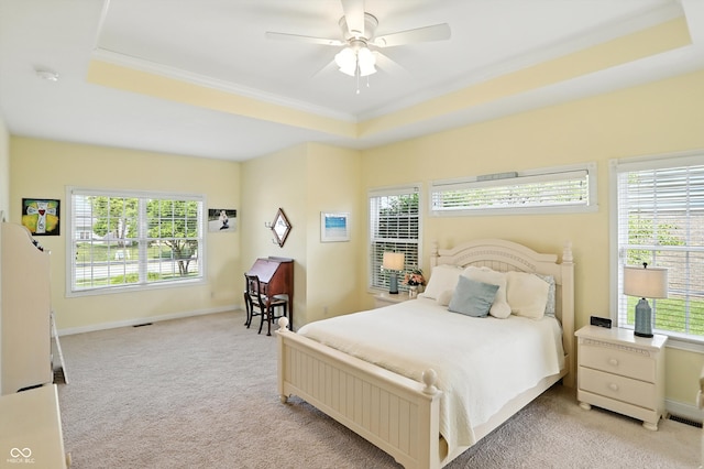 35 Decourcy Ln, Franklin, IN 46131 - bedroom featuring a tray ceiling, multiple windows, light colored carpet, and crown molding