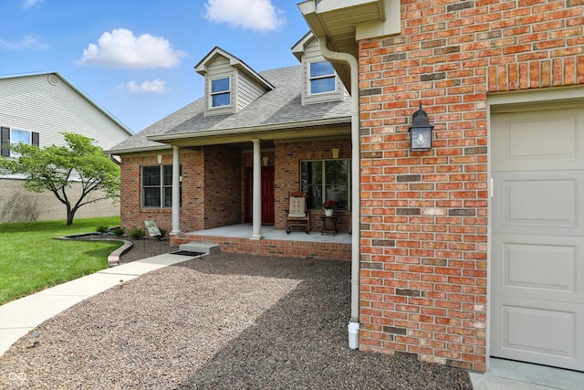 35 Decourcy Ln, Franklin, IN 46131 - property entrance featuring brick siding, a porch, roof with shingles, and a yard