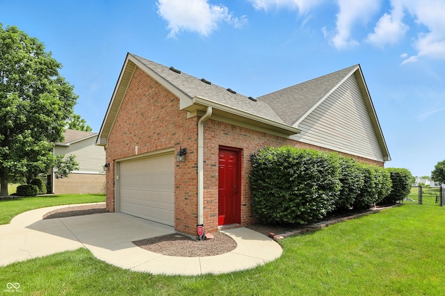 35 Decourcy Ln, Franklin, IN 46131 - view of side of home featuring brick siding, a yard, roof with shingles, and an attached garage