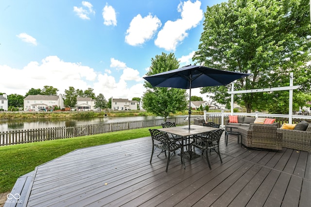 11820 Stepping Stone Dr, Fishers, IN 46037 - wooden deck featuring an outdoor living space, a water view, outdoor dining space, and a residential view
