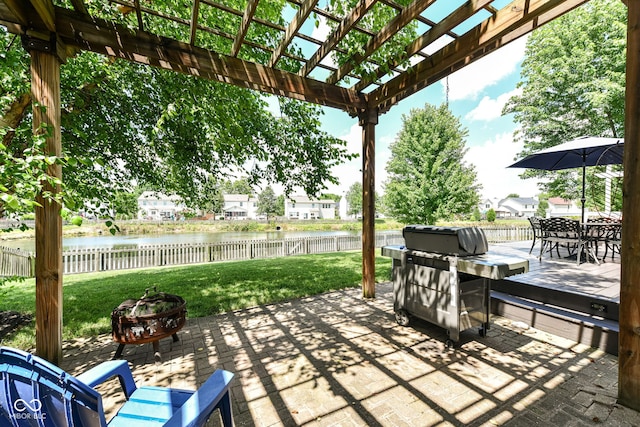 11820 Stepping Stone Dr, Fishers, IN 46037 - fenced backyard with an outdoor fire pit, a water view, a pergola, and outdoor dining area