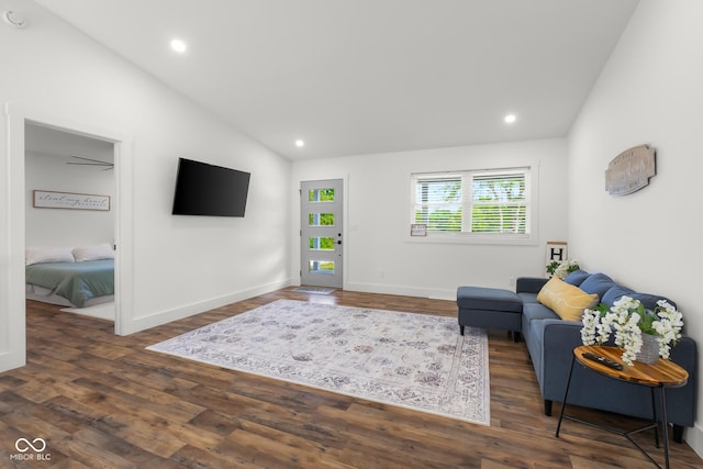 339 Honey Locust Pl, North Vernon, IN 47265 - living room featuring lofted ceiling, wood finished floors, and recessed lighting