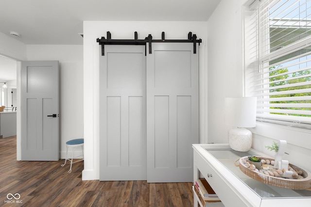 339 Honey Locust Pl, North Vernon, IN 47265 - interior space featuring a barn door and dark wood finished floors