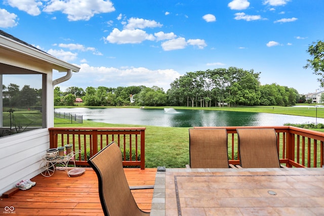 5761 Coopers Hawk Dr, Carmel, IN 46033 - wooden terrace featuring a water view, a lawn, and view of wooded area