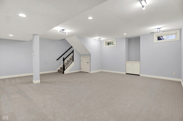 2263 Glebe St, Carmel, IN 46032 - below grade area with carpet, stairway, and recessed lighting