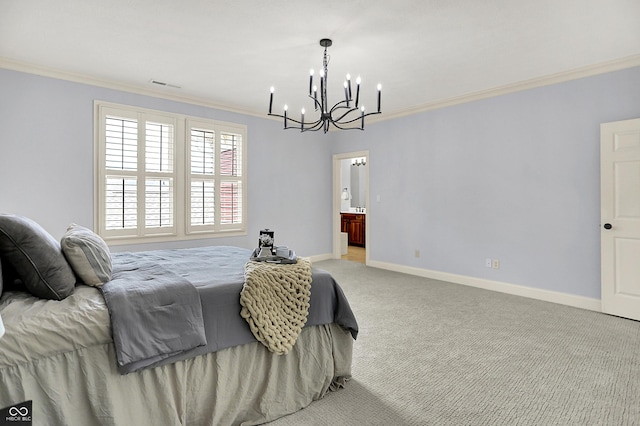 2263 Glebe St, Carmel, IN 46032 - bedroom with a chandelier, crown molding, light colored carpet, and ensuite bathroom