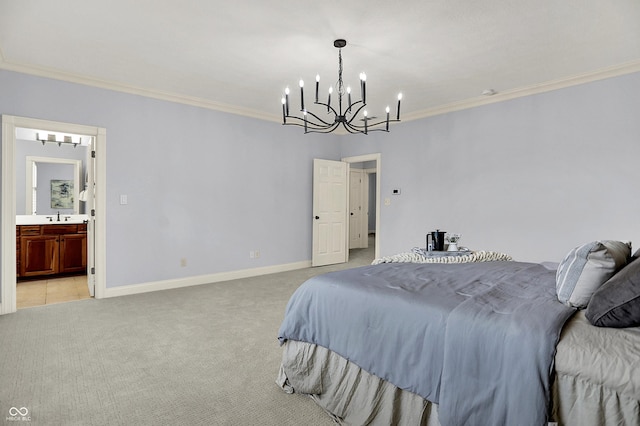 2263 Glebe St, Carmel, IN 46032 - bedroom featuring a chandelier, ornamental molding, light carpet, and connected bathroom