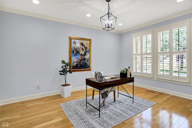 2263 Glebe St, Carmel, IN 46032 - office featuring ornamental molding, recessed lighting, light wood-type flooring, and a chandelier