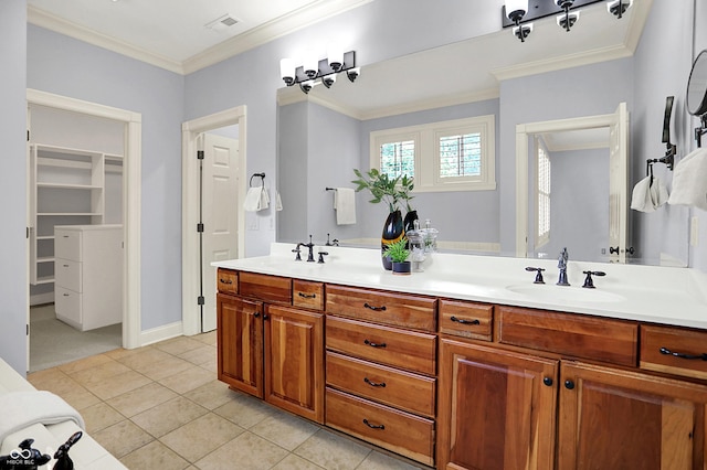 2263 Glebe St, Carmel, IN 46032 - bathroom featuring double vanity, ornamental molding, tile patterned flooring, and a spacious closet