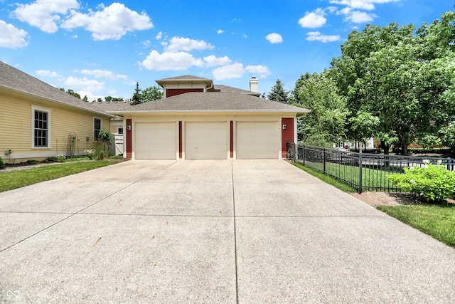 2263 Glebe St, Carmel, IN 46032 - view of front facade featuring brick siding, roof with shingles, a chimney, and a detached garage