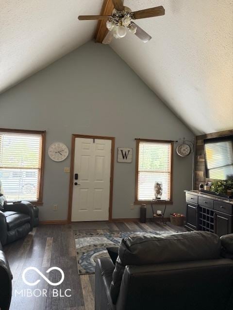 18 Hough St, Greenfield, IN 46140 - living area featuring wood finished floors, ceiling fan, and high vaulted ceiling