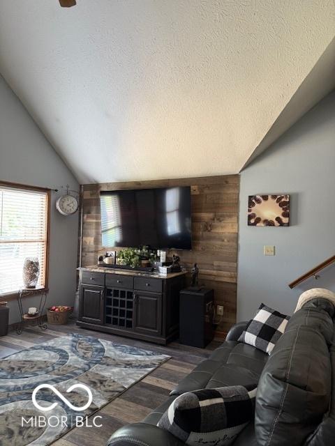 18 Hough St, Greenfield, IN 46140 - living area with lofted ceiling, wood walls, dark wood finished floors, and a textured ceiling
