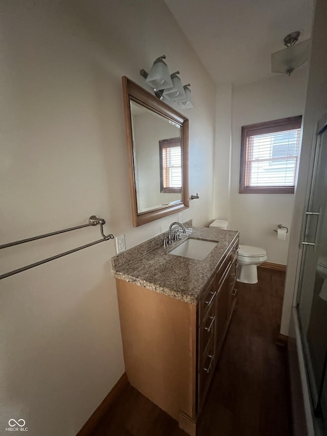 336 W 9th St, Rushville, IN 46173 - bathroom featuring vanity, wood finished floors, and a shower with shower door