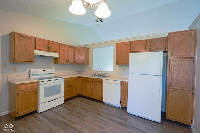 6029 Sycamore Forge Dr, Indianapolis, IN 46254 - kitchen featuring white appliances, under cabinet range hood, dark wood-type flooring, vaulted ceiling, and a chandelier