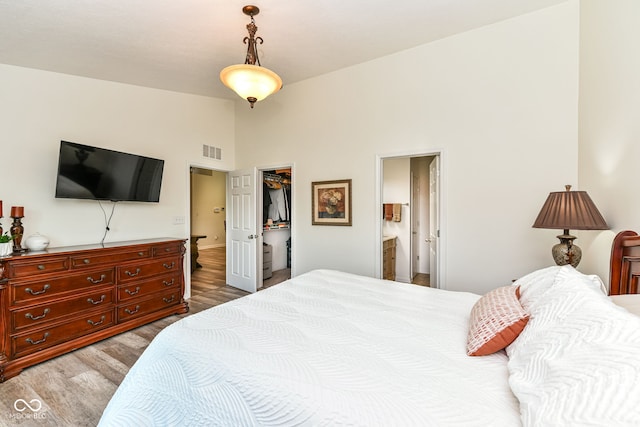 5765 White Pine Rd, Whitestown, IN 46075 - bedroom featuring light wood-style floors, a walk in closet, ensuite bathroom, a closet, and high vaulted ceiling