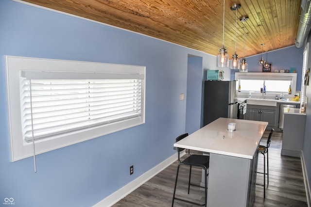 206 Olive St, Arcadia, IN 46030 - dining space featuring wooden ceiling, plenty of natural light, dark wood-style floors, and vaulted ceiling