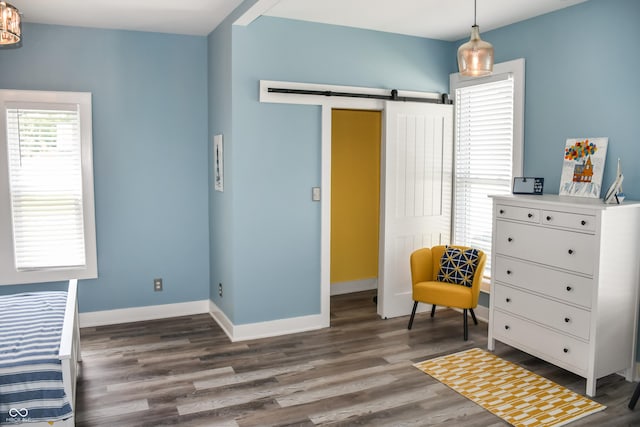 206 Olive St, Arcadia, IN 46030 - living area featuring a barn door and wood finished floors
