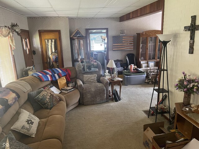 100 Durbin St, North Vernon, IN 47265 - living area featuring carpet floors and a paneled ceiling