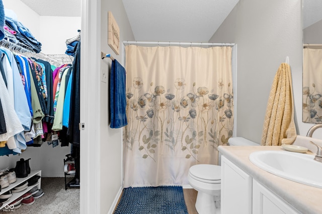 1912 Blue Pine Ln, Indianapolis, IN 46231 - bathroom featuring vanity, a shower with shower curtain, a walk in closet, and a textured ceiling