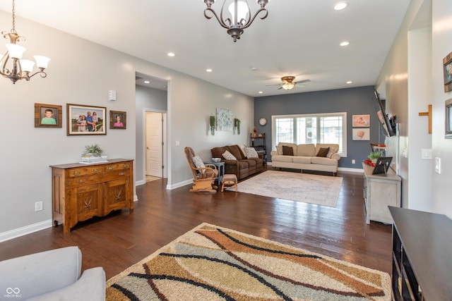 1976 Austin James Ln, Seymour, IN 47274 - living room featuring a chandelier, a ceiling fan, recessed lighting, and dark wood finished floors