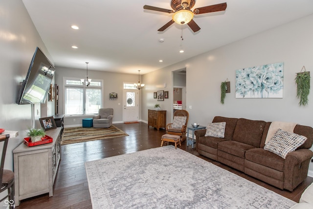 1976 Austin James Ln, Seymour, IN 47274 - living room featuring a chandelier, dark wood-type flooring, recessed lighting, and ceiling fan