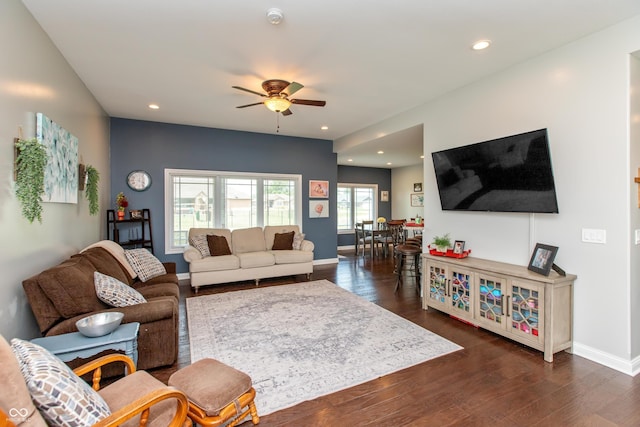 1976 Austin James Ln, Seymour, IN 47274 - living area with ceiling fan, dark wood-style floors, and recessed lighting