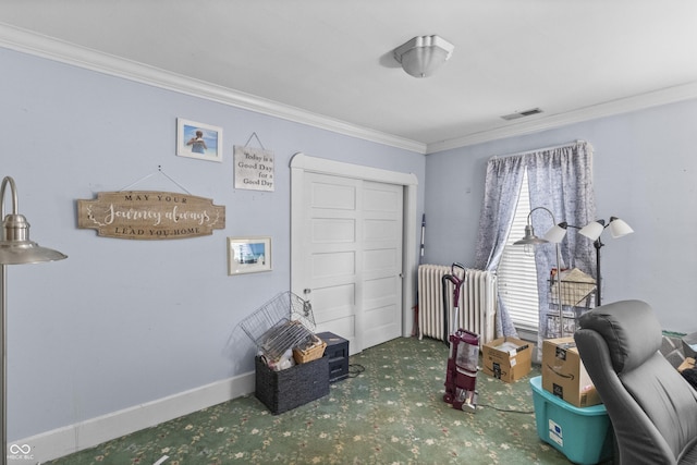 38 W Main St, Brownsburg, IN 46112 - office area featuring radiator heating unit, crown molding, and carpet flooring