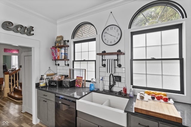 38 W Main St, Brownsburg, IN 46112 - kitchen featuring dishwashing machine, healthy amount of natural light, crown molding, wood finished floors, and wooden counters