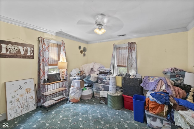 38 W Main St, Brownsburg, IN 46112 - interior space featuring multiple windows, carpet floors, crown molding, and ceiling fan
