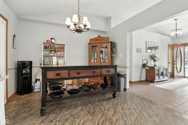 1346 N Buck Creek Rd, Greenfield, IN 46140 - tiled dining area featuring a chandelier and vaulted ceiling