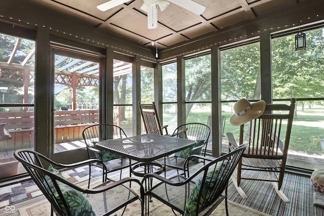 1346 N Buck Creek Rd, Greenfield, IN 46140 - sunroom / solarium with a ceiling fan, plenty of natural light, coffered ceiling, and outdoor dining area