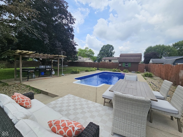 2239 Chevelle Ct, Anderson, IN 46012 - view of swimming pool featuring a pergola, a fenced backyard, a patio area, a shed, and outdoor lounge area