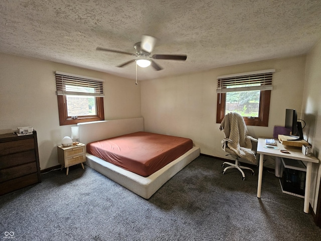 2239 Chevelle Ct, Anderson, IN 46012 - bedroom featuring multiple windows, carpet, a textured ceiling, ceiling fan, and a desk
