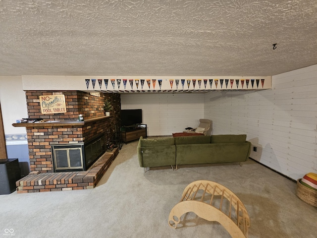 2239 Chevelle Ct, Anderson, IN 46012 - carpeted living area with a textured ceiling and a brick fireplace