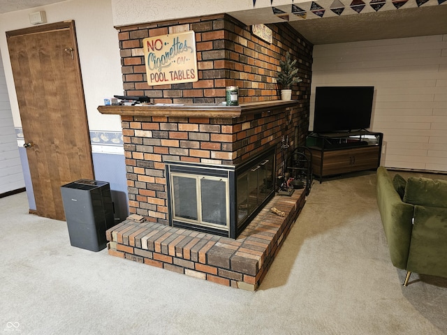 2239 Chevelle Ct, Anderson, IN 46012 - carpeted living room featuring a brick fireplace and wooden walls